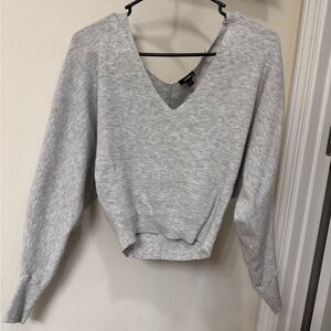 Express Gray Ribbed Crop Sweater V Neck Long Sleeve Small